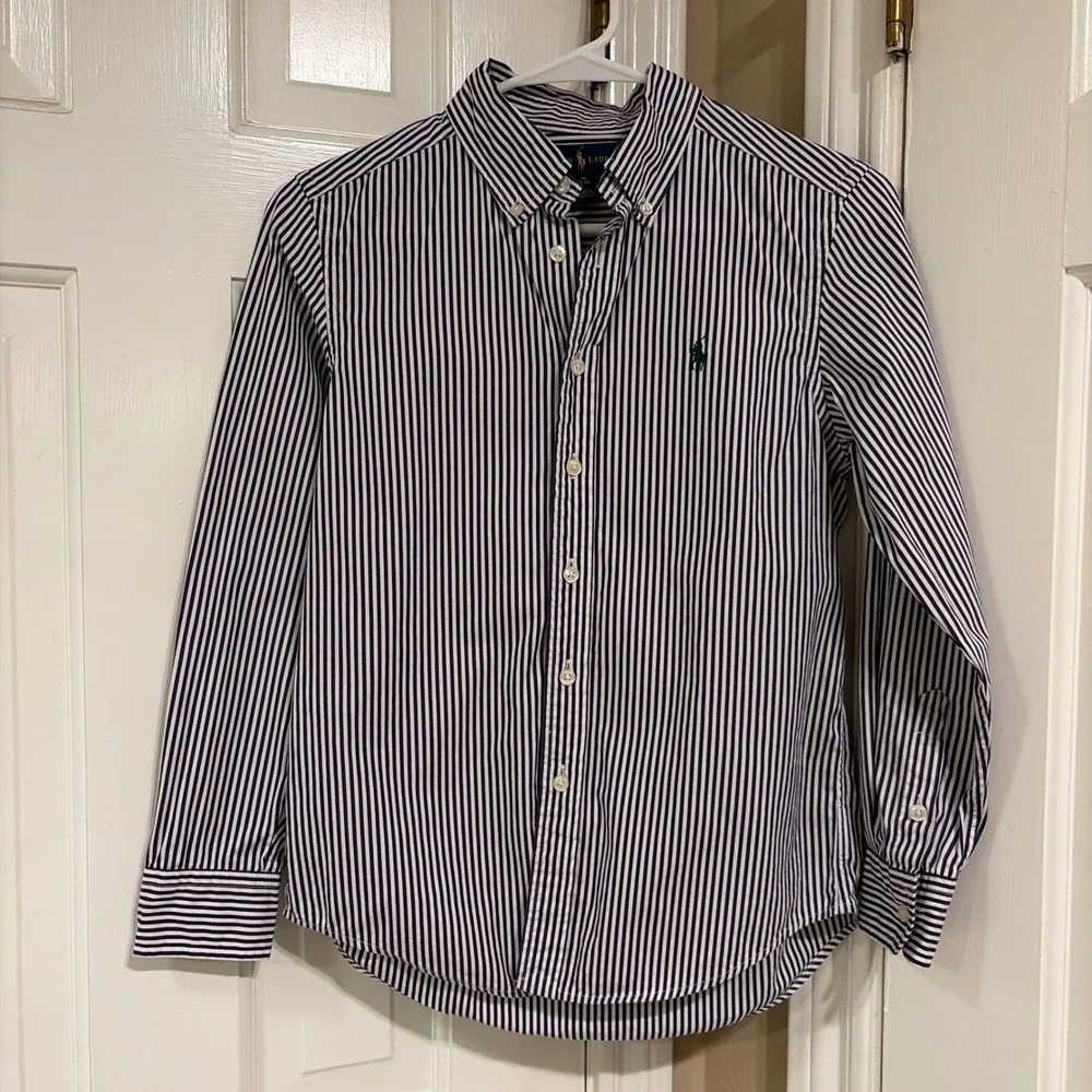 Ralph Lauren Kids Striped Button Down Shirt Navy White Size M 10-12 Cotton Pony